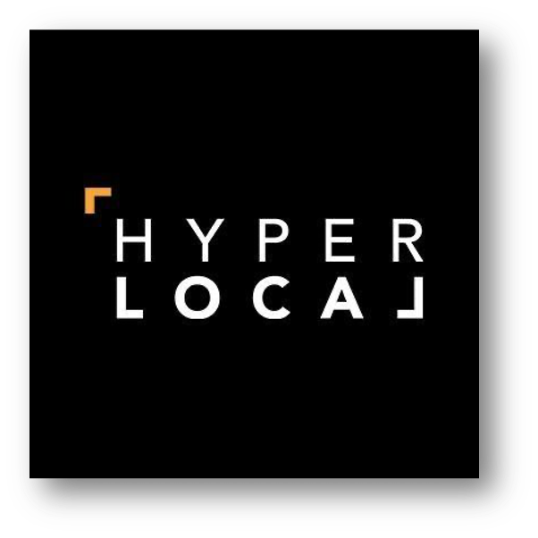 Hyperlocal logo with white text on a black background and a small orange and black corner design.