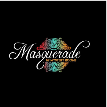 Logo for Masquerade by Mystery Rooms, featuring a colorful masquerade mask with intricate patterns.