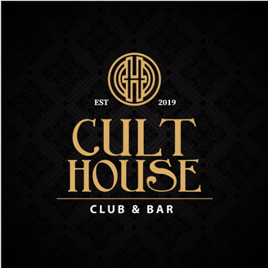 Logo for Cult House Club & Bar featuring a gold circular emblem with intertwined letters, established 2019, on a black background.