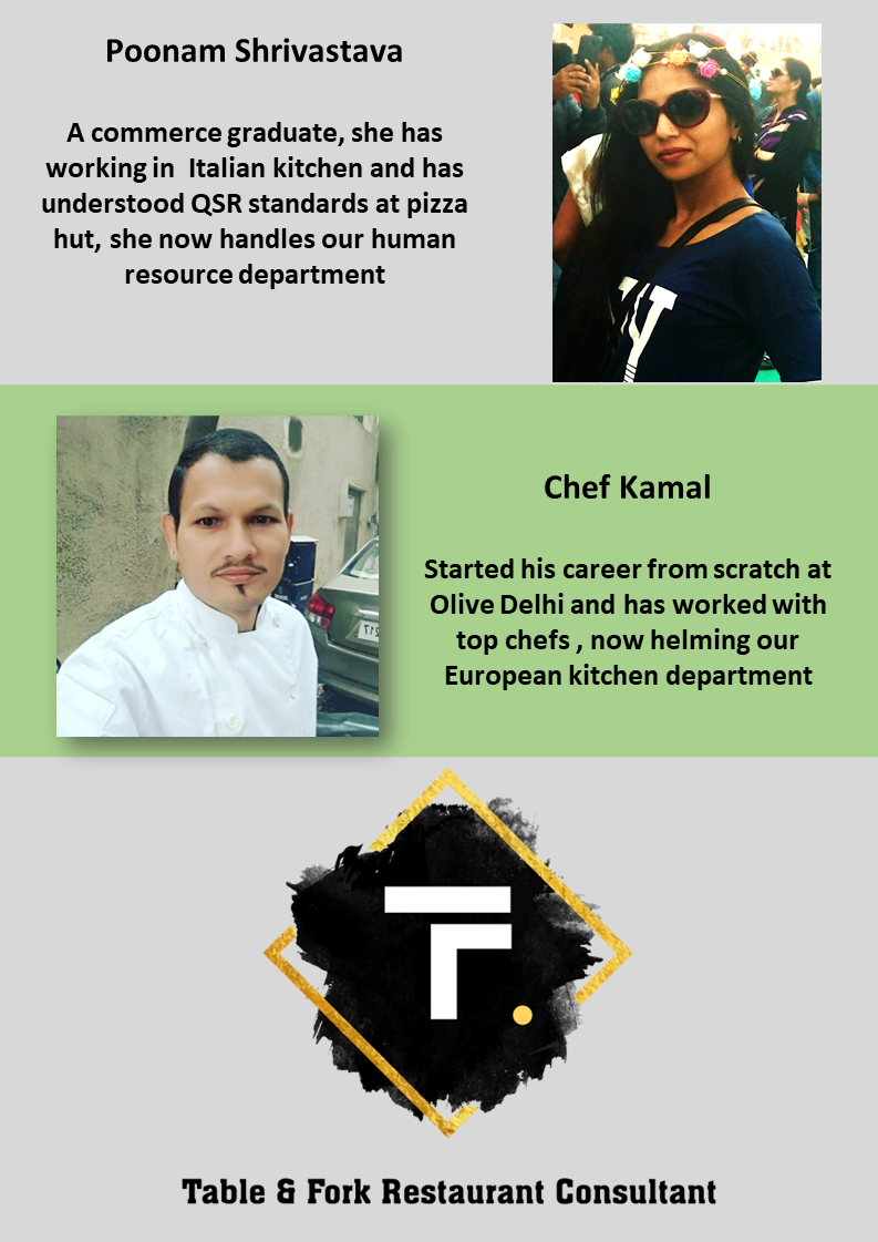 Composite image featuring two individuals and a restaurant logo. Top right shows a woman wearing sunglasses and a floral headband, smiling at an outdoor event. Middle left features a man in a white chef's coat standing outdoors. Below is a stylized black and gold logo with text reading 'Table & Fork Restaurant Consultant'.