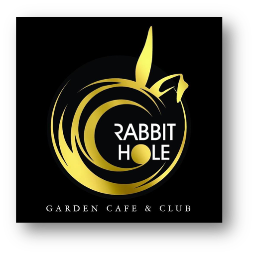Logo for Rabbit Hole Garden Cafe & Club featuring a stylized gold rabbit hole with a carrot on top
