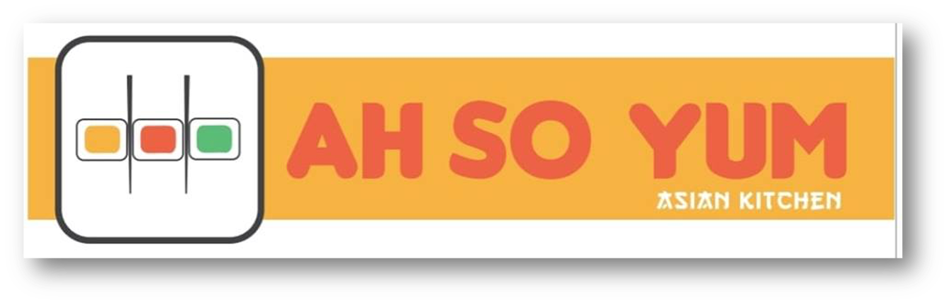 Logo of an Asian restaurant called 'Ah So Yum Asian Kitchen' with a graphic of three soy sauce bottles and the restaurant name in bold red text.
