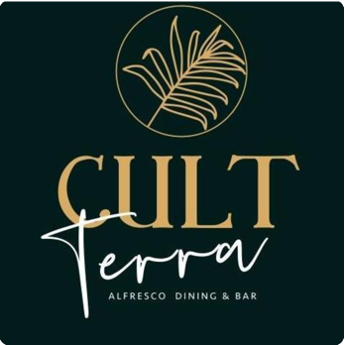 Logo for Cult Terra, an alfresco dining and bar, featuring a gold palm leaf inside a circle on a dark background.