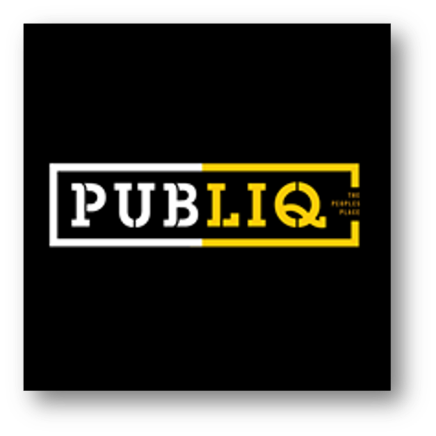 Logo for Public Q with black background, white and yellow text, and a tagline reading 'The People's Place'.