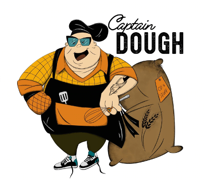 Cartoon woman with dark hair, sunglasses, and chef's apron, holding a rolling pin, standing next to a large sack labeled 'COFFEE'. The text 'Captain Dough' is above her.