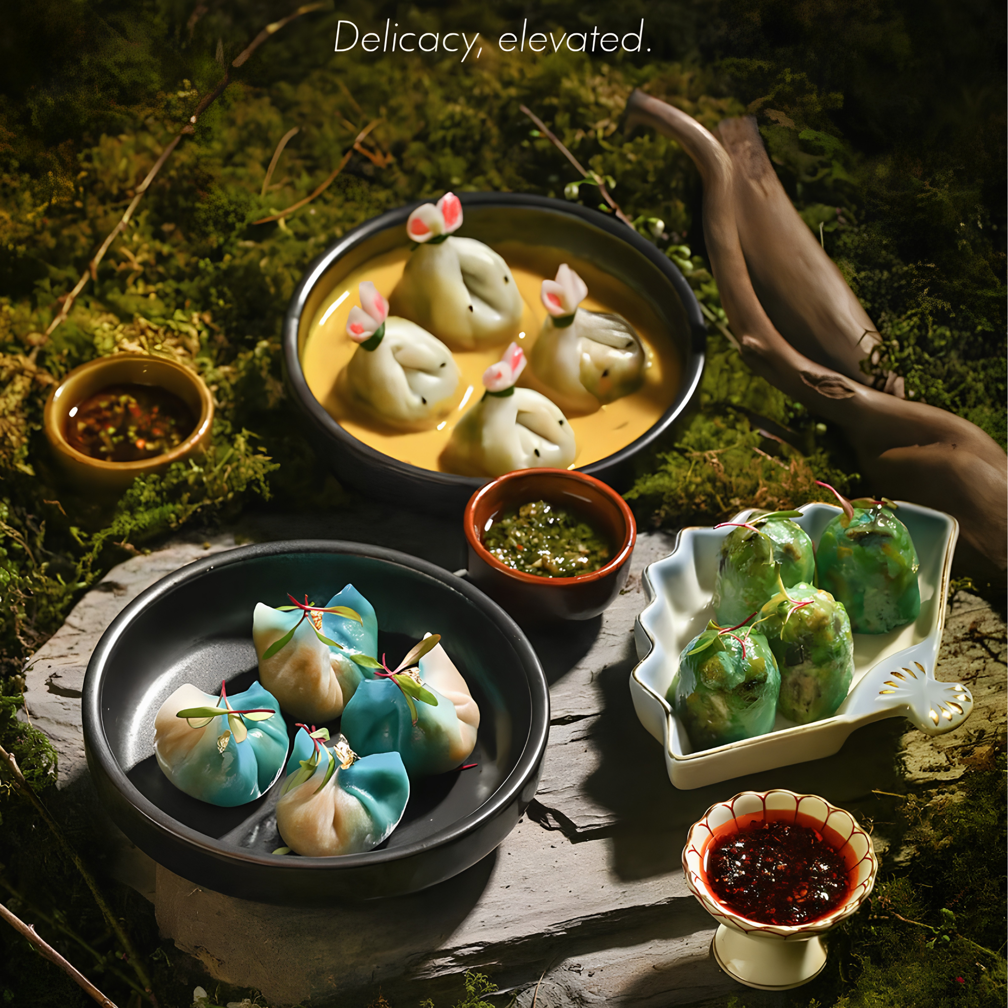 Assorted colorful Asian dessert treats on a rustic surface surrounded by greenery, with the text 'Delicacy, elevated.' at the top.