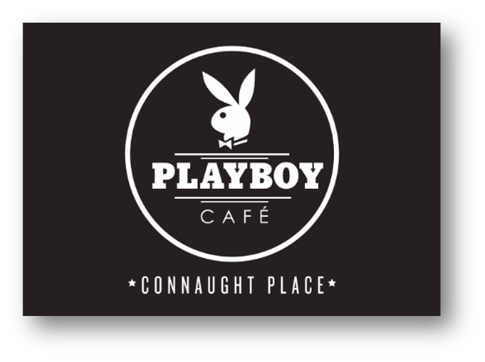 Logo for Playboy Café at Connaught Place, featuring a rabbit head with a bow tie, circular design, and white text on a black background.