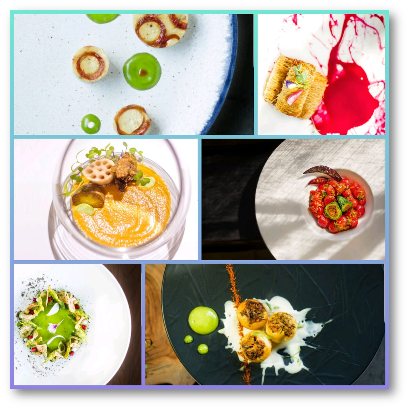 A collage of seven different gourmet dishes, each presented on elegant plates with vibrant colors and artistic garnishes.
