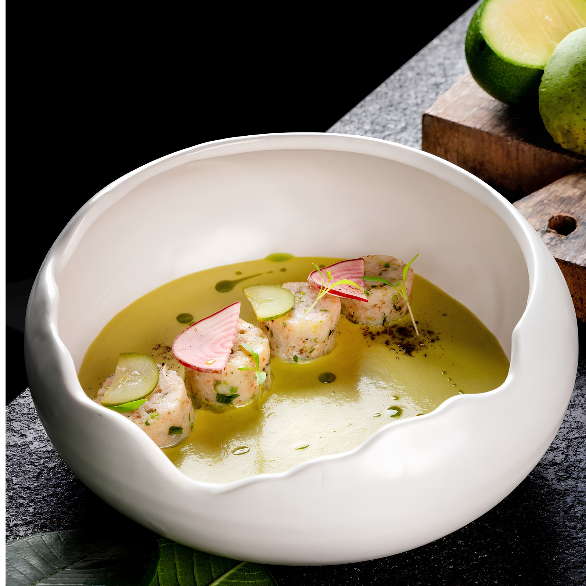 White bowl of creamy green soup garnished with slices of radish, cucumber, and microgreens, with a background of cashew nuts and a piece of lime on a rustic wooden board.