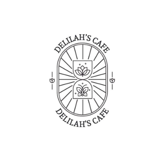 Logo for Delilah's Cafe with a lotus flower and butterfly design