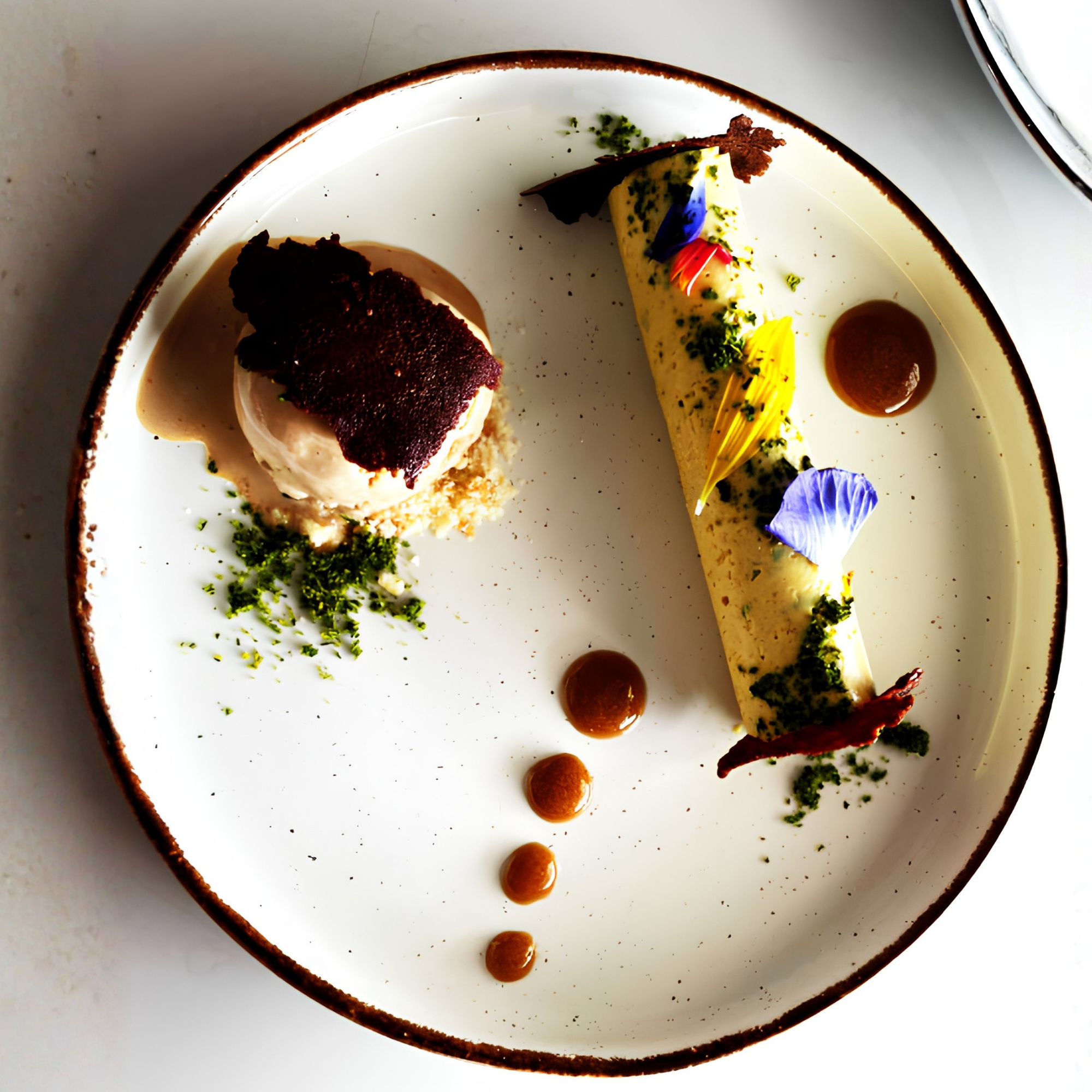 A dessert plate with a chocolate mousse, powdered sugar, and garnishes including edible flowers, herbs, and caramel dots.
