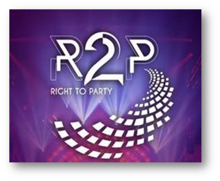A promotional graphic for a party event called 'R2P' with the slogan 'Right to Party.' The background is purple with stage lights and a curved pattern of white squares.