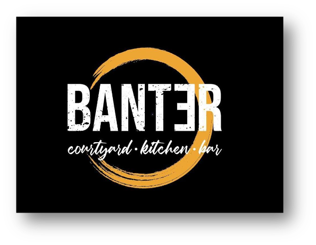 Logo for BANTER, featuring a large orange circle with distressed white text and smaller cursive text underneath reading courtyard, kitchen, bar on a black background.