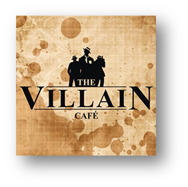 Logo for The Villain Café with silhouettes of two men in suits and hats, on a brown, coffee-stain stained background.
