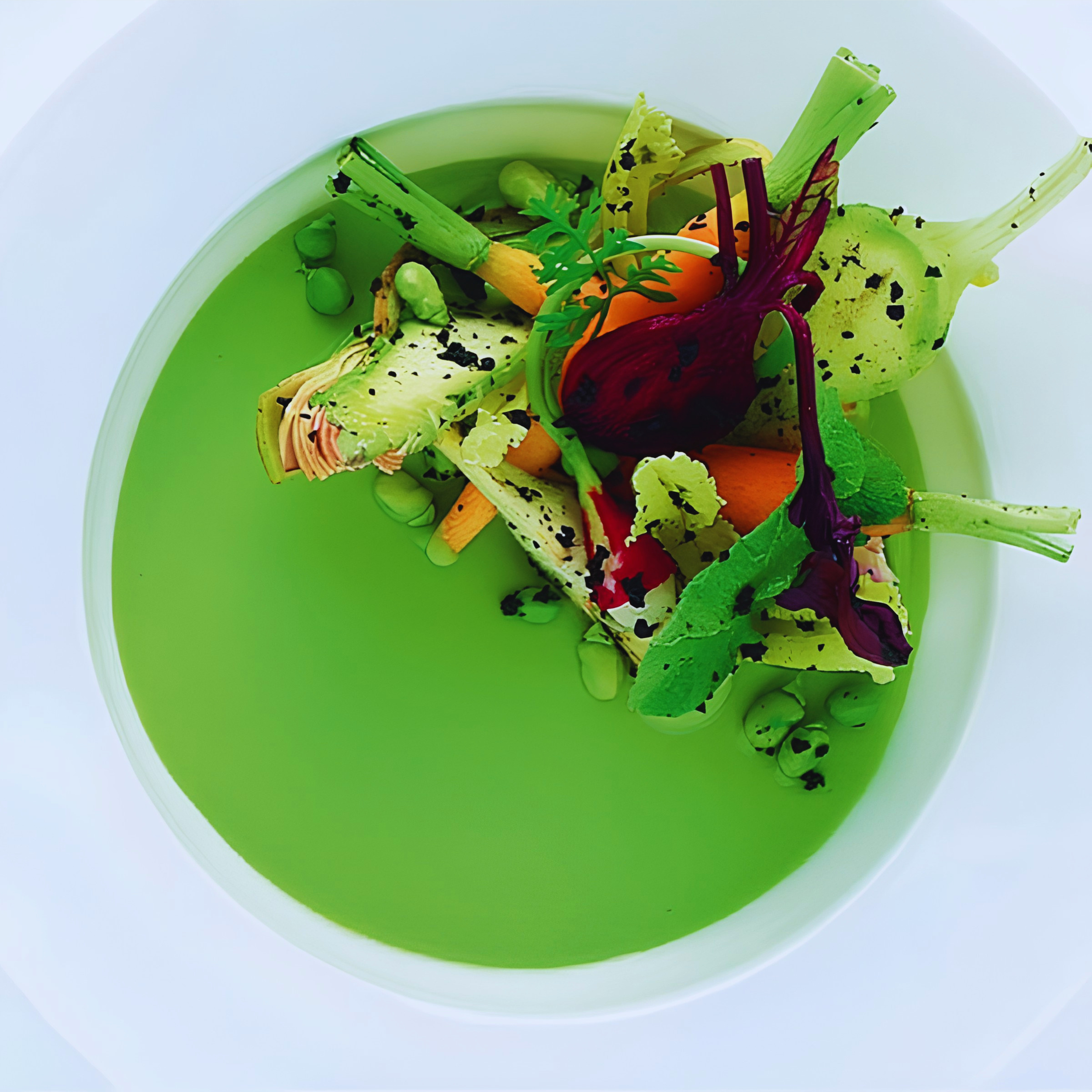 A salad with mixed greens and shredded vegetables on a green plate