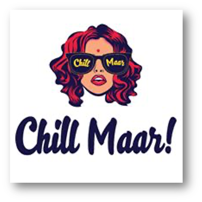 Cartoon illustration of a woman with curly red hair, wearing sunglasses with 'Chill' and 'Maaz' written on the lenses, and a red bindi on her forehead. Below, the text says 'Chill Maaz!' in bold, dark blue letters.