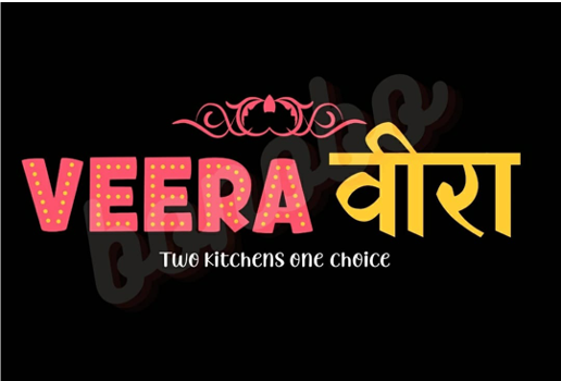 Logo for Veera, a restaurant with the tagline 'Two kitchens one choice' in bright pink and yellow text on a black background.