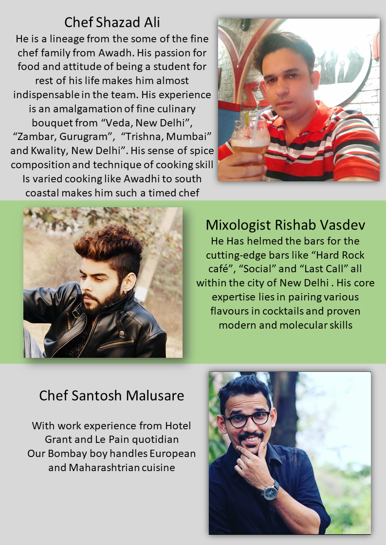 Composite image featuring three men with professional descriptions, each with accompanying photo. The first man, Chef Shazad Ali, holds a beer and is pictured in a restaurant. The second man, Mixologist Rishab Vasdev, has styled hair and a beard, shot outdoors. The third man, Chef Santosh Malusare, wears glasses and a wristwatch, smiling outdoors.