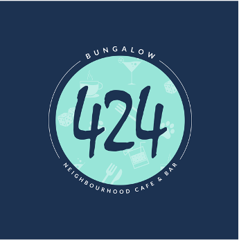 Logo for Bungalow Neighbourhood Cafe & Bar with the number 424 in the center, on a dark blue background.