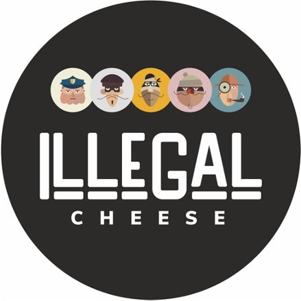 Logo with five cartoon characters above the words "Illegal Cheese" on a black circular background.