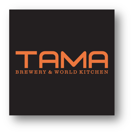 Logo for TAMA Brewery & World Kitchen with orange text on a black background.