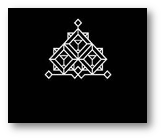 White geometric line art of a symmetrical abstract design on a black background.