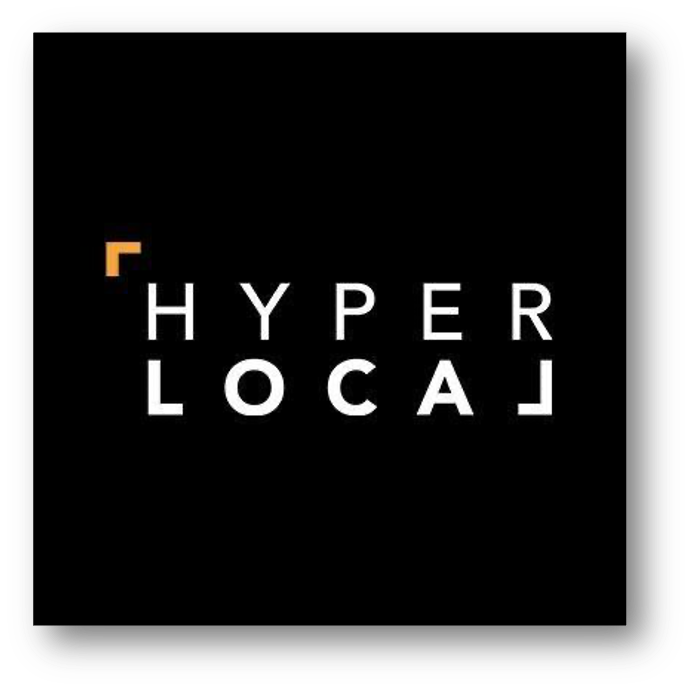 Logo with the text 'HYPERLOCAL' on a black background, with a small orange geometric shape in the top left corner.
