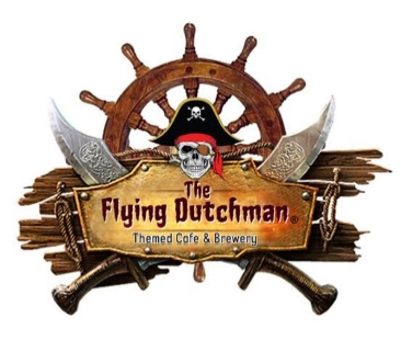 The Flying Dutchman themed cafe and brewery logo featuring a ship's wheel, pirate skull with a red bandana, and crossed swords.
