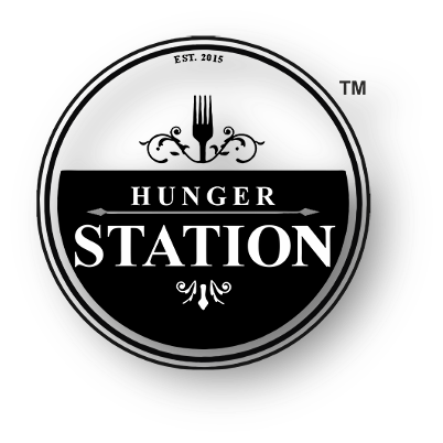 Logo for Hunger Station featuring a fork crossing a knife with decorative elements and text.
