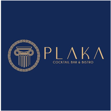 Logo for Plaka Cocktail Bar & Bistro with a Greek-inspired column design in gold on a dark blue background.