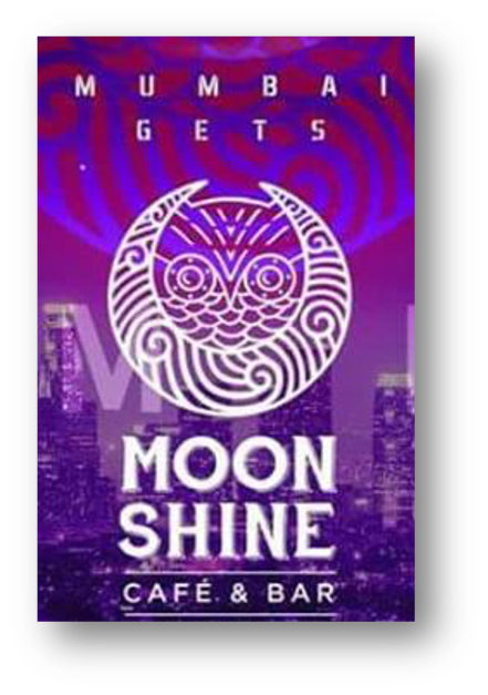 Design promoting Mumbai Gets Moonshine Cafe & Bar with a stylized owl and city skyline in the background.