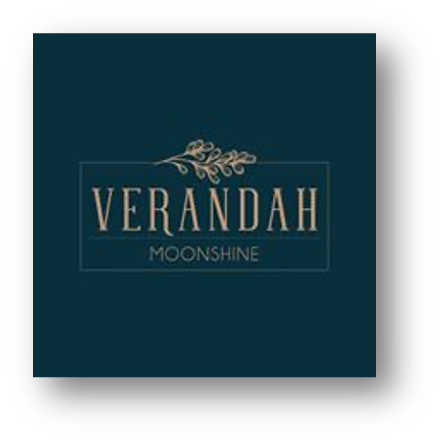 Verandah Moonshine logo with a small decorative leaf above the text, on a dark teal background.