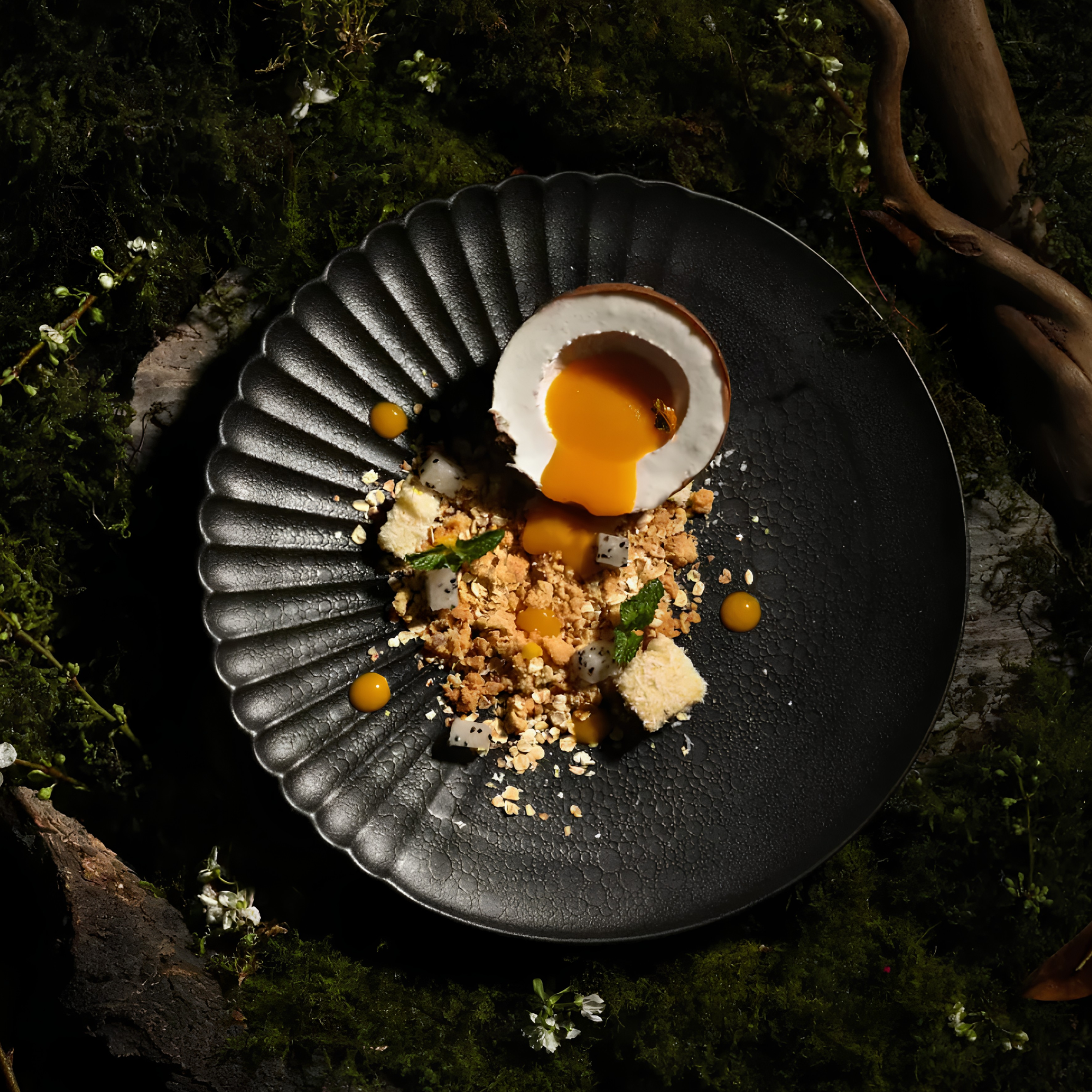 A black plate with a soft-boiled egg cut in half, surrounded by crumbs, herbs, and small sauce droplets, indoors on a dark surface with greenery around.
