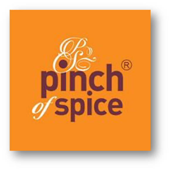 orange background with white and purple text saying 'Pinch of Spice' with a stylized pepper icon.