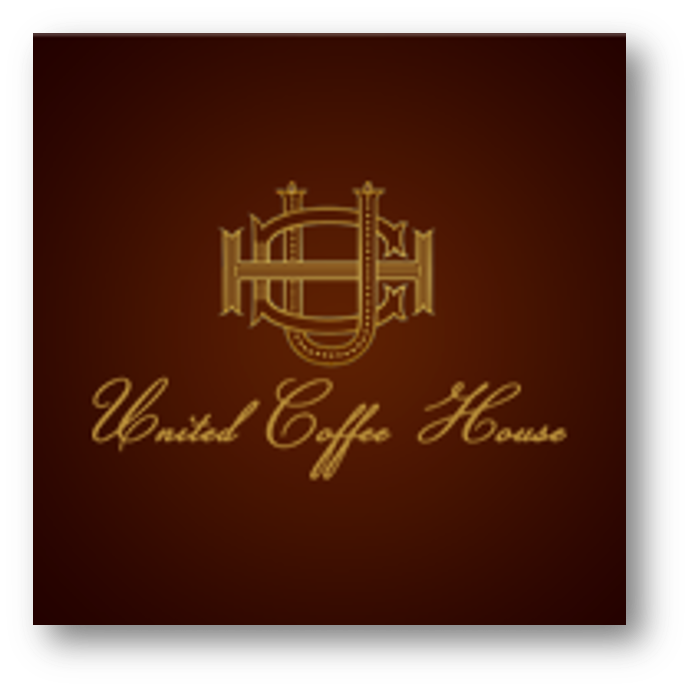 Logo of United Coffee House with a gold emblem and script text on a dark background.