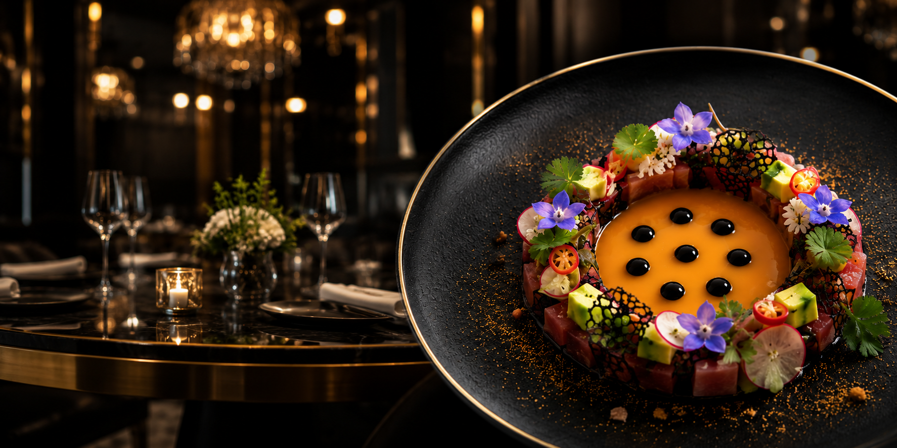 A black plate with a gourmet dish surrounded by edible flowers, vegetables, and garnishes on a dark, elegant dining table in a luxurious restaurant setting.