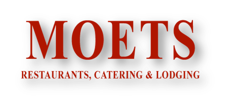 Moets logo with large red text and a black background, includes the words 'RESTAURANTS, CATERING & LODGING' beneath.