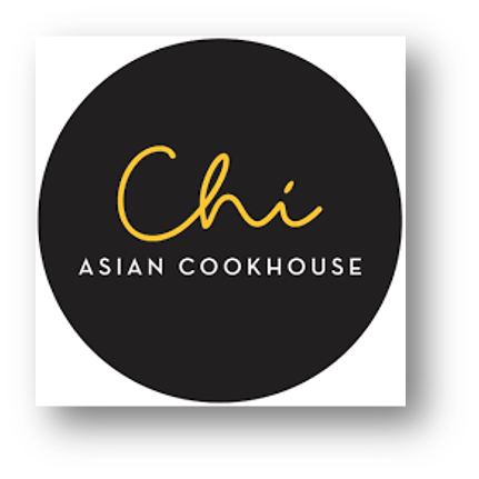 Logo for Chi Asian Cookhouse with a black circle, yellow handwritten style 'Chi', and white text 'Asian Cookhouse'.
