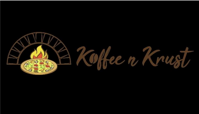 Logo of Koffee n Krust featuring a pizza with fire and a brick oven arch in black background.