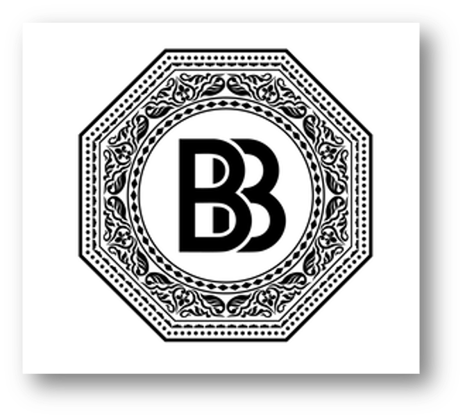 Black and white logo featuring a decorative octagonal border around the letters BB in the center.