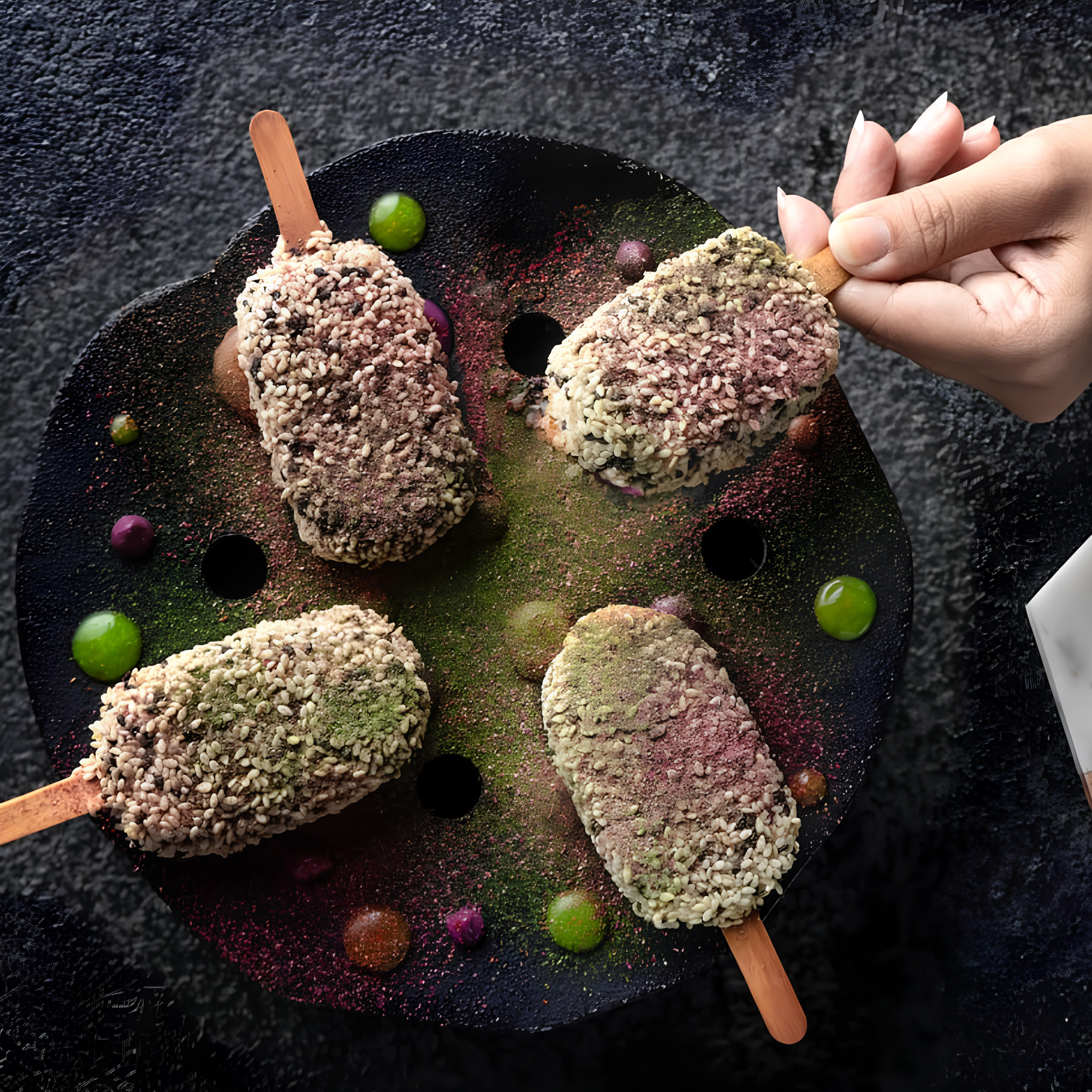 Ice cream bar coated with white sprinkles and coated with white and dark purple sprinkles, held with a wooden stick, on a black textured background with colorful powder and small green and purple spheres.