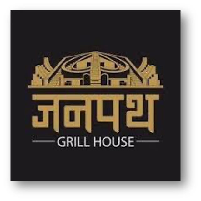 Logo for Jambo Grill House featuring a stylized golden structure and text in Hindi script with 'GRILL HOUSE' written underneath on a black background.