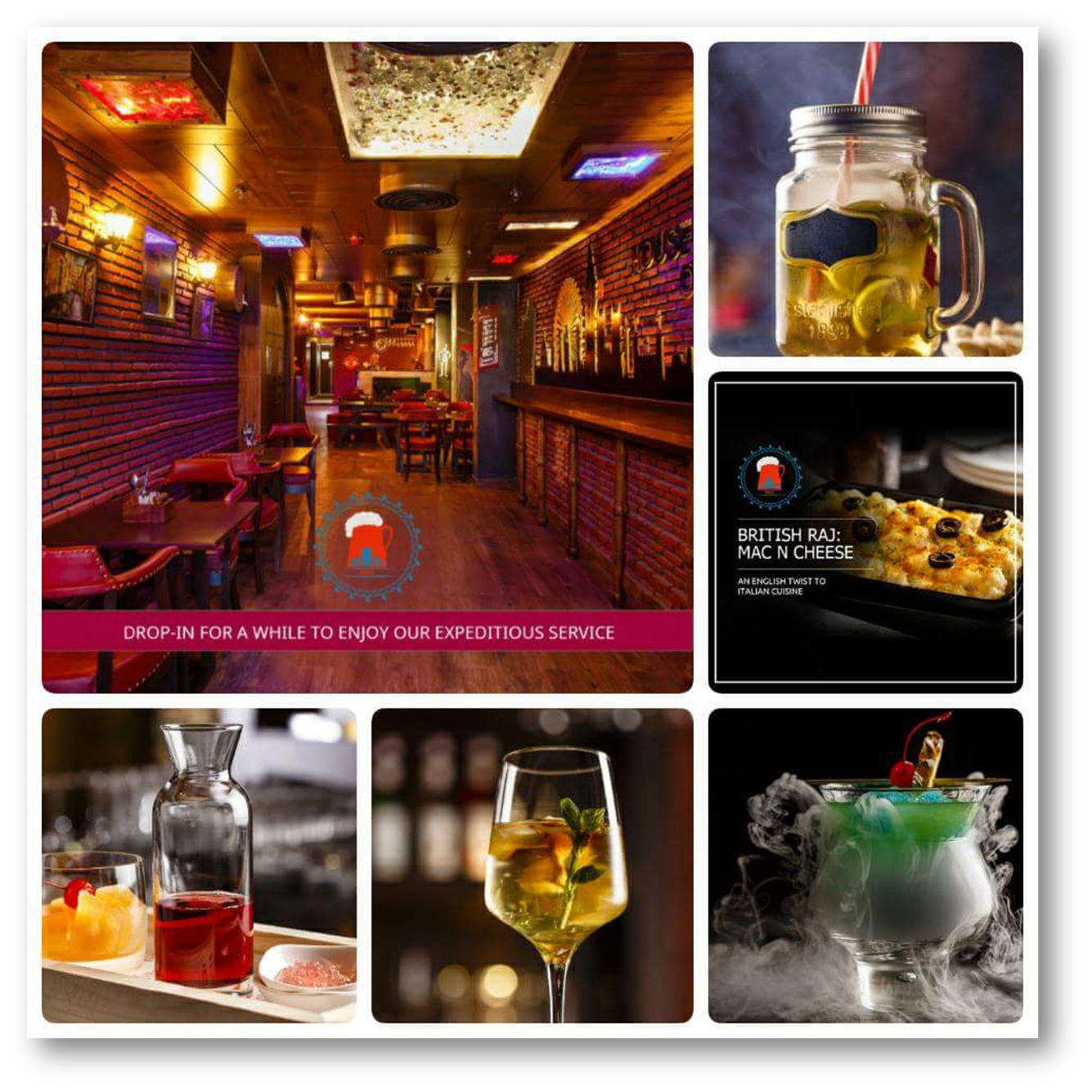 A collage of images showcasing a cozy restaurant interior with red brick walls and wooden furniture, various drinks including a jar of lemon-infused water, colorful cocktails, and desserts like pizza and ice cream.