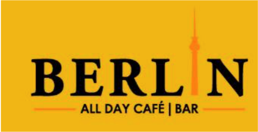 Logo for Berlin All Day Cafe Bar with a yellow background and black and orange text.