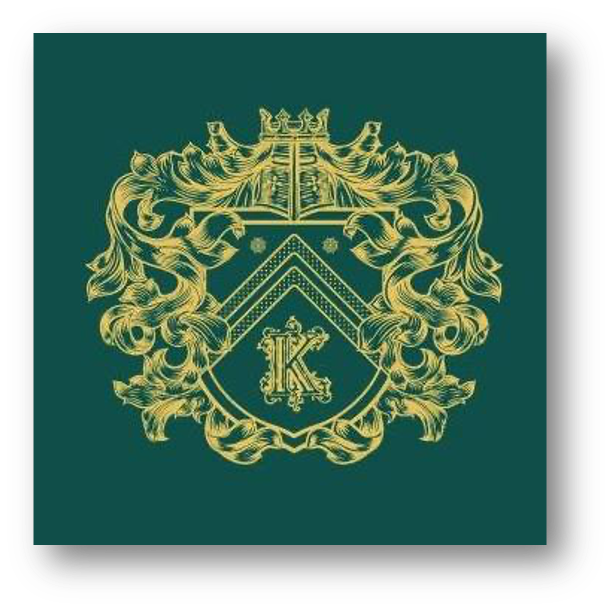 Gold ornate heraldic crest with crown, shield, and letter K on a dark green background.