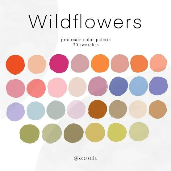Color palette titled 'Wildflowers' with 30 watercolor swatches arranged in rows, featuring shades of red, pink, purple, blue, brown, and green.