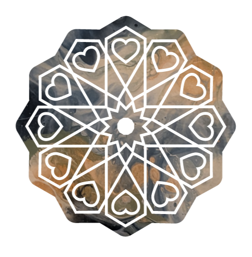 A decorative circular pattern with twelve heart-shaped outlines connected by lines, creating a starburst design.