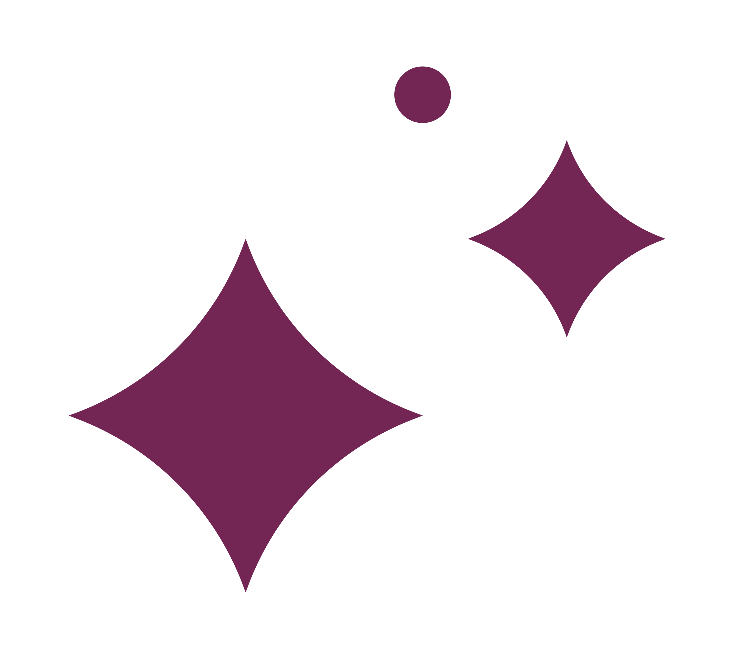 Plum star graphic with a stylized dot.