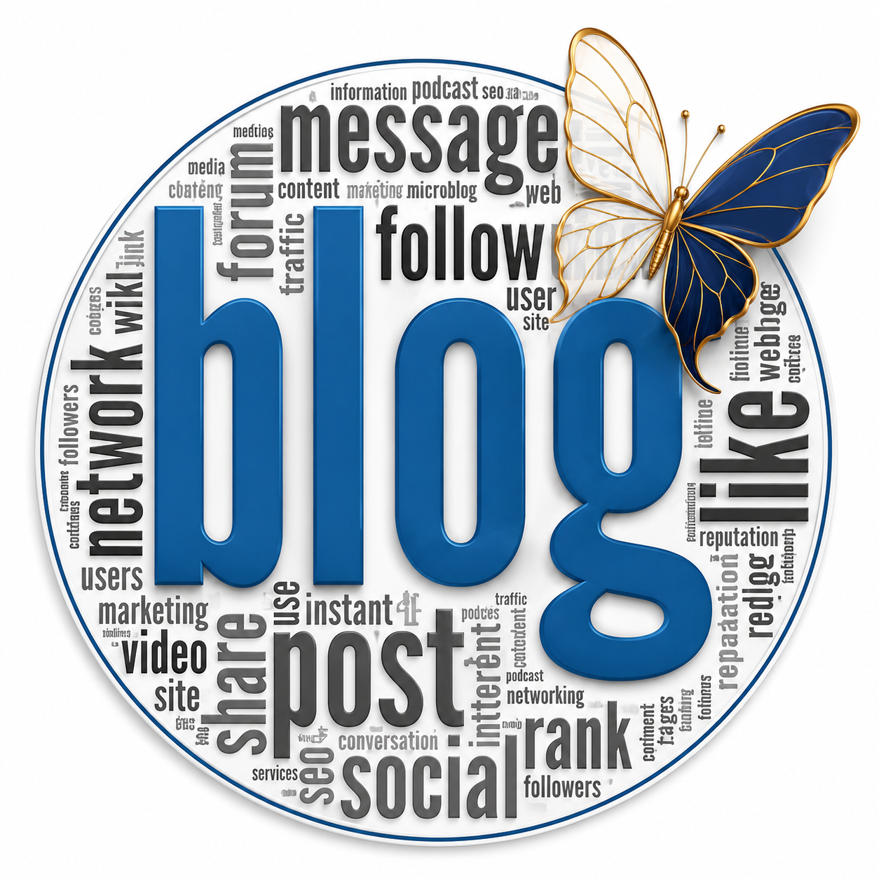 A circular graphic featuring the word 'blog' in large blue letters with a butterfly perched on the top right. Surrounding words include 'message,' 'follow,' 'post,' 'social,' 'rank,' 'video,' and 'content' in various sizes and shades of black and gray.