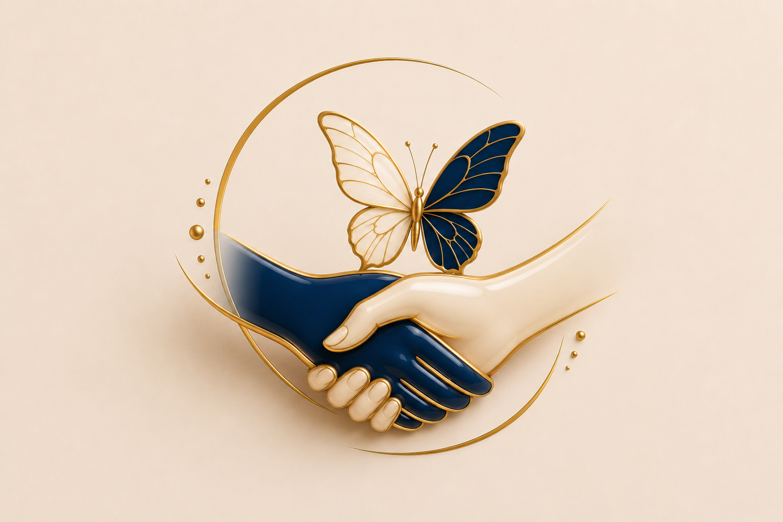 Elegantly designed art piece featuring a hand icon with two hands shaking, a butterfly, a crescent shape, and decorative golden accents on a light beige background.